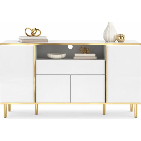 Sideboard blanc brillant 4 portes, 1 tiroir, éclairage LED et détails dorés, meuble de rangement 150 x 40 x 80 cm pour salon ou salle à manger CHICFURN (1/5)
