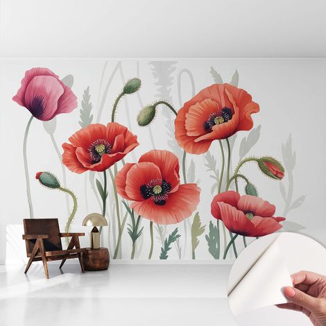 Papier peint autocollant adhésif décoratif avec motifs pour salon et chambre a motif Coquelicots rouges 416x254 cm (1/5)