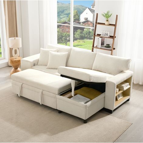 Canapé d'angle convertible 231x131.5x84 cm beige en velours côtelé avec rangement, étagère latérale et ports USB-C (1/5)