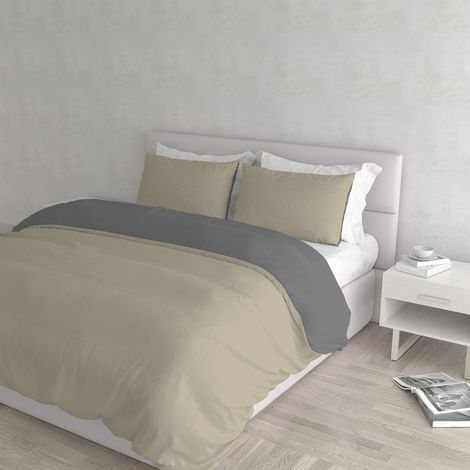 housse de couette double-face couleur unie avec taies d'oreiller, Tourterelle/Gris foncé (1/5)