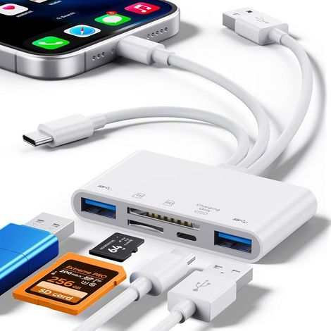 Lecteur de cartes SD 5 en 1 pour téléphones, lecteur de cartes mémoire et adaptateur USB OTG, appareils USB C/A avec emplacements pour cartes Micro SD et SD (Blanc) (1/4)