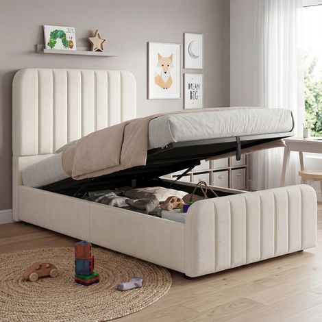Lit simple 90x200 cm, Lit enfant avec rangement hydraulique, Lit coffre avec sommier et tête de lit rembourrée à motif rayé, en tissu lin beige, sans matelas (1/5)