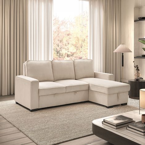 Canapé angle à gauche avec coffre et tablette en velours côtelé beige (1/5)
