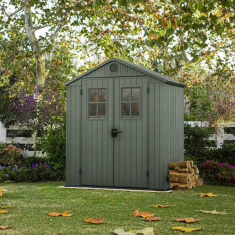 Dmora – Abri de jardin résine 122x190x221h cm – Résistant aux intempéries – Fenêtres incluses pour luminosité – Couleur verte