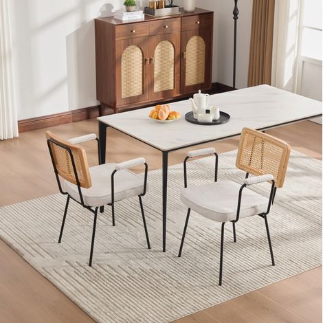 Chaise de salle à manger 2 pièces avec accoudoirs, assise en chenille, structure en bois massif et métal, finition rotin couleur ivoire (1/5)