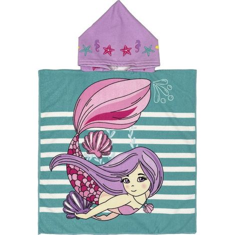Serviette de bain enfant, poncho de plage à capuche, cape de bain ultra douce pour filles et garçons de 6 à 14 ans, motif coquillage et sirène. (1/4)
