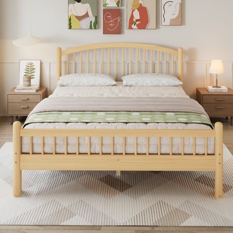 Lit en bois massif 140x200 cm, design minimaliste classique avec tête de lit à barreaux, sommier à lattes robuste, lit simple universel, couleur naturelle (1/5)