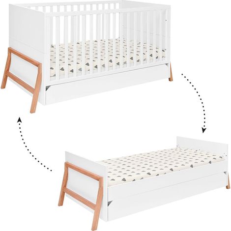 Lit évolutif bébé 70x140 avec tiroir – Panneaux stratifiés – Pied en bois de chêne – Sommier réglable en 3 hauteurs (1/5)