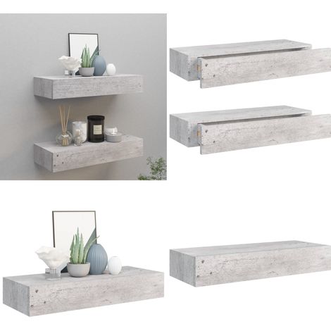 Étagères à tiroir murales 2 pcs Gris béton 60x23,5x10 cm MDF - Etagere Murale - Étagère Suspendue - Rangement Mural - Meuble Déco - Étagère Tiroir - Home & Living (1/5)