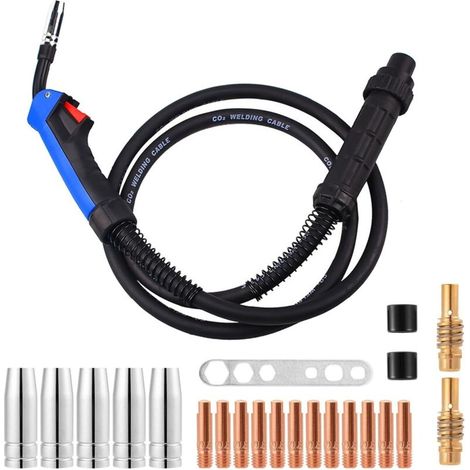 Torche à Souder Fil MIG MAG 15 AK de 4 Mètres avec 21Pcs Accessoires de Buse/Bouchon de Cône de Soudage pour Machine à Souder Semi-automatique avec Gaz Réfrigéré Par Air