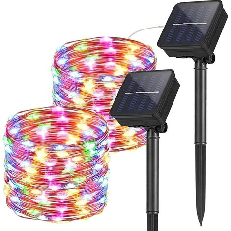 Guirnalda de luces solares para exteriores (2 unidades, 10 m, 100 LED, impermeables), con encendido y apagado automático, ideal para jardín, patio, valla, casa, Navidad, boda, fiesta, color (1/5)