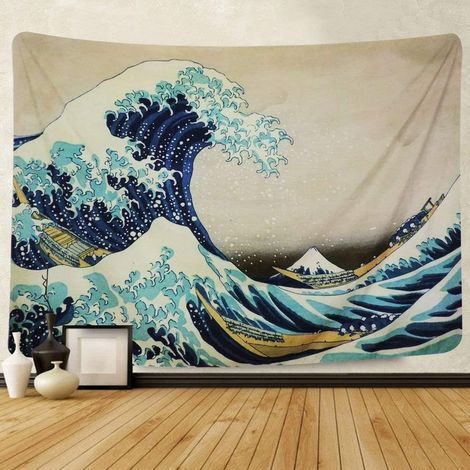 Tapisserie murale suspendre - Tapisserie murale Kanagawa, motifs artistiques inspires de la nature - Decoration pour salon, chambre coucher, dortoir, Wave, 200x150cm (1/5)