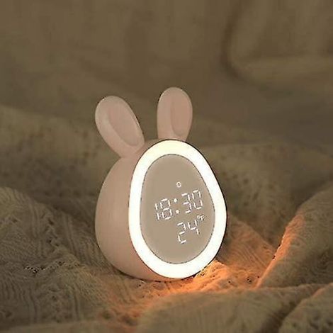 Digitaler Wecker fürs Schlafzimmer mit Schlummerfunktion und Nachtlicht, eingebautem Thermometer, einstellbarer Lautstärke und Helligkeit, rosa, hasenförmig (1/4)