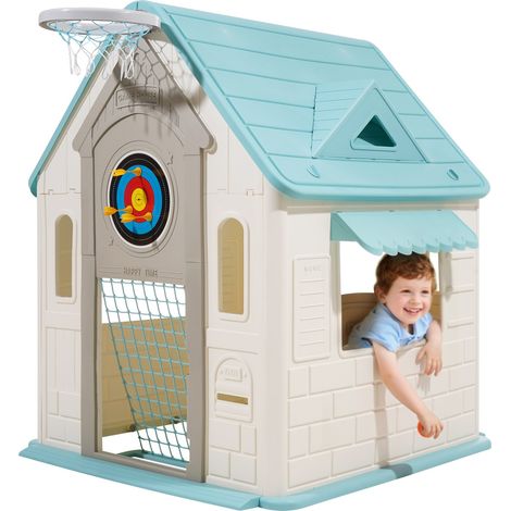 Maisonnette pour Enfants 5 en 1, Maison de Jeu Extérieur pour Tout-petits à Partir de 2 ans, Cabine de Jardin pour Enfants avec Jeux de Simulation, Basket-ball, Fléchettes, Arrière-cour (1/5)