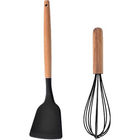 Ustensiles De Cuisine En Silicone - Manche En Bois Résistant À La Chaleur - Pour Cuisson Et Pâtisserie - Lot De 2 (1/5)