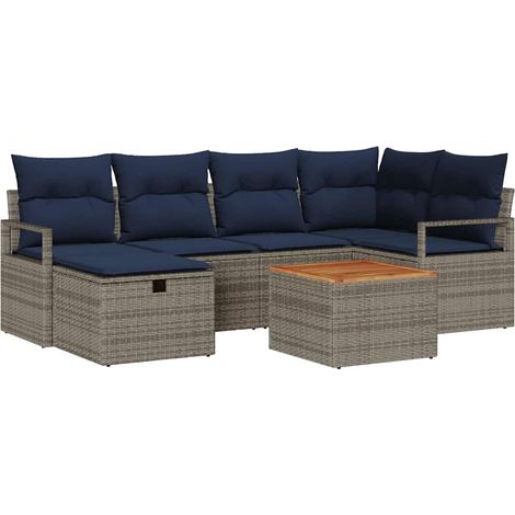 Gartensofa-set mit Kissen mit Speicher 7 pcs Grau Poly-Rattan vidaXL