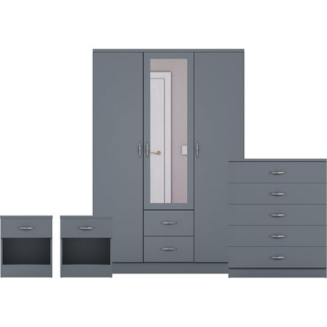 Riano 4 Piece Bedroom Set (1 Drw Bedside Chest, 5 Drw Chest, 3 Dr 2 Drw Mirrored Wardrobe), Grey (1/3)