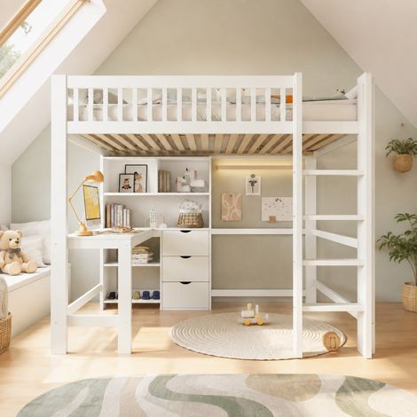 Cama alta 140x200cm con escritorio y almacenaje madera color blanco (Sin colchón) (1/5)