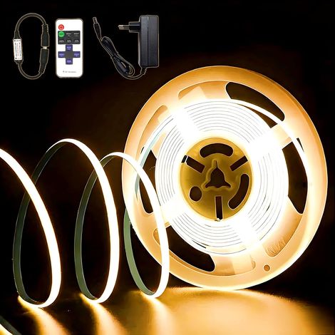 Ruban LED COB 2M, 24V Flexible Bande LED Blanc Chaud 3000K, Led Chambre Dimmable, CRI92, Largeur 8mm, avec Alimentation et RF Télécommande, Pour la Décoration,Maison, Cuisine, Miroir (1/5)