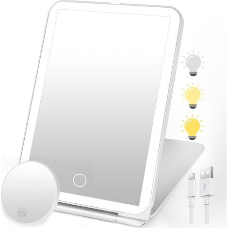 1 Miroir Maquillage, Lumière 3 Tons, Grossissant 10X, Tactile, Rechargeable USB, Voyage Maison (1/5)