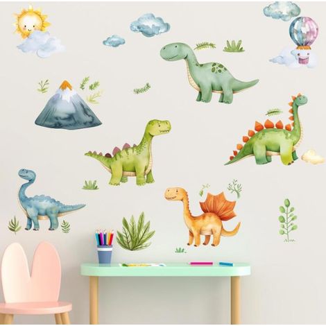 Dinosaure Autocollant Mural Animaux Palmier Stickers Muraux Aquarelle Dinosaure Décoration Murale pour Chambre Bébé Garçon Salle