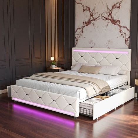 Cama Doble 160x200 cm Tamaño Queen con 4 Cajones de Terciopelo Beige, Iluminación LED, USB y Somier Incluido - Diseño Moderno Chic (1/5)