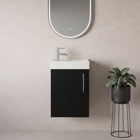 Napoli Cube Matt Black 400mm Wall Mounted Single Door Vanity Unit with Align Basin - 400mm - Chrome 160mm Handle