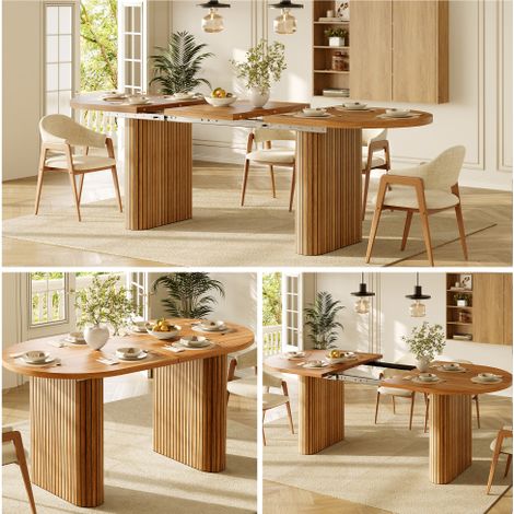 Tavolo da pranzo allungabile 120-160 cm, tavolo ovale in legno con struttura verticale, portata massima 60 kg, 3 colori: legno naturale, marrone, nero (1/5)