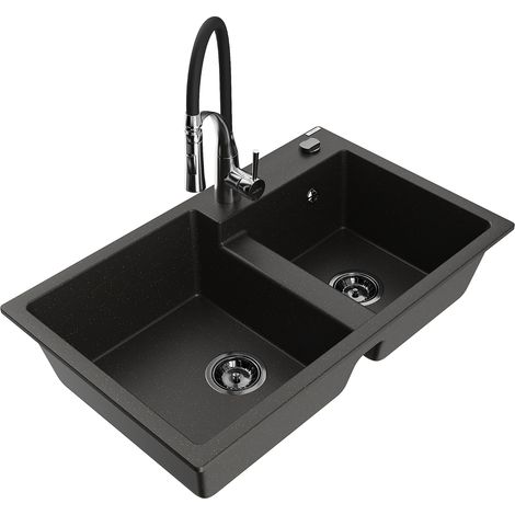 Mexen Tomas lavello in granito a 2 vasche con miscelatore cucina Aster, nero/oro metallico - 6516-75-73450-07-B (1/5)