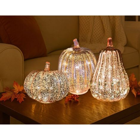 3 calabazas decorativas, figuras de calabaza falsas con efecto parpadeante, de plástico, para decoración de interiores, color oro rosa