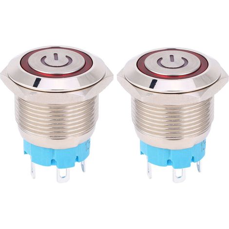 Lot de 2 interrupteurs à bouton-poussoir 12-24 V CC, ronds, 4 broches, à réarmement automatique, avec témoin lumineux d'alimentation (rouge). (1/5)