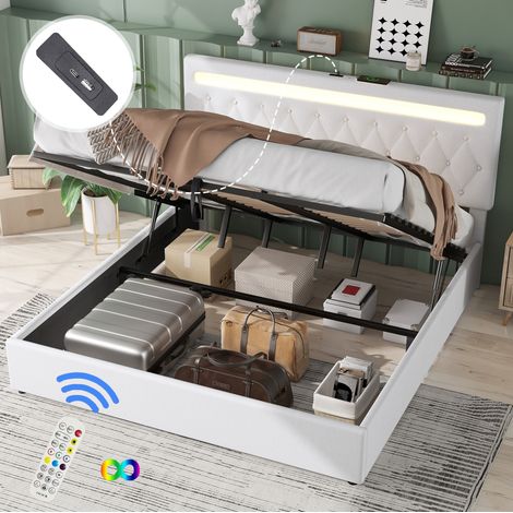 Letto contenitore 180x200 cm con telecomando per illuminazione LED, porte USB e Type-C, senza rete a doghe, senza materasso, bianco (1/5)