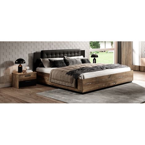 180er Bett inkl. Lattenrost mit 2 Nachtkonsolen SOLMS-83 in Flagstaf Eiche dunkel Nb. und silber, kombiniert mit schwarz, B/H/T: ca. 288/90/205 cm (1/5)