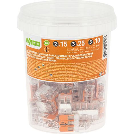 Wago – Pot de 50 bornes de connexion automatique S221 – 2 entrées 32A – 3 entrées 32A – 5 entrées 32A – Compatible fils 0,14 à 4 mm²