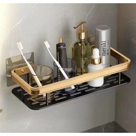 Étagère de salle de bain carrée noire et dorée, sans perçage, résistante à la corrosion et en acier inoxydable, 30 x 13 x 5,5 cm (1/4)