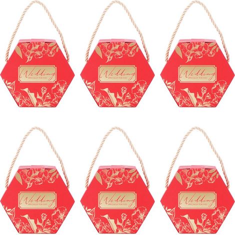 Lot de 10 boîtes à bonbons hexagonales en forme de sachet, avec cordon, pour cadeaux de mariage (rouge). (1/5)
