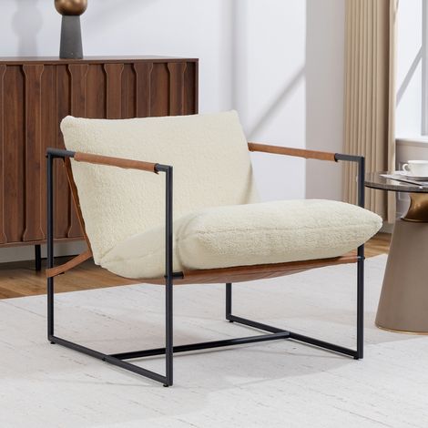 Fauteuil lounge, fauteuil d'appoint capitonné en tissu bouclé, assise large et structure en acier, 77 x 91 x 80 cm, couleur crème (1/5)