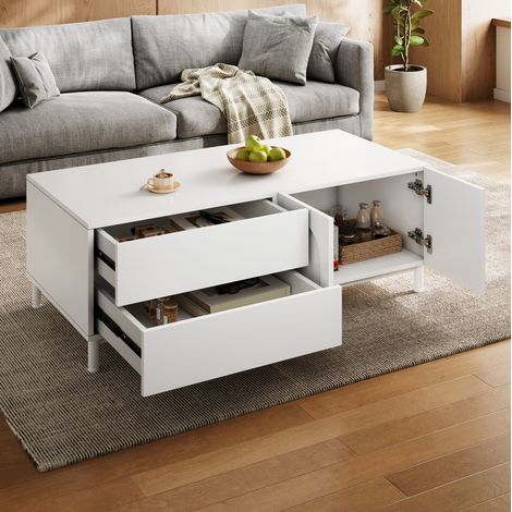 Table basse de rangement rectangulaire, 2 tiroirs et 2 portes, bois MDF et panneaux, blanc (1/5)