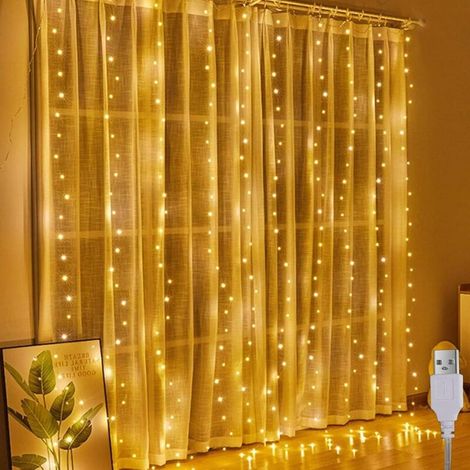 Rideau lumineux 2 x 2 m, rideau lumineux intérieur, 200 LED, rideau lumineux USB à suspendre, blanc chaud, pour Noël, fête de mariage, décoration murale de chambre à coucher (1/4)
