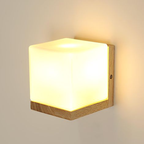 Lampe Murale Bois Verre E27 Carrée Chambre Couloir Applique Murale Élégante, Abat-jour en Verre, pour Escalier et Salon, Sans Ampoule, Design Classique (1/5)