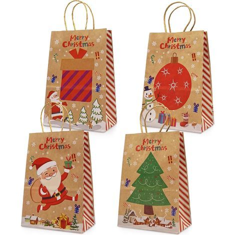 Sacs cadeaux de Noël en kraft 24 sacs de styles assortis Sacs en papier de Noël avec poignées Sacs de cadeaux de Noël avec des impressions de Noël pour emballer des cadeaux Fournitures de fête de Noël (1/5)