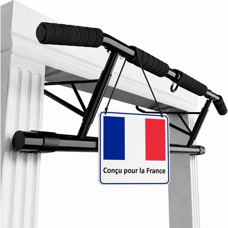 Relaxdays Barre de traction noire pour cadre de porte, 150 kg, à accrocher, sans perçage, en acier, tractions et pompes