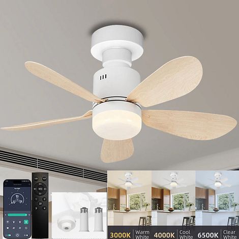 Ventilateur de plafond LED 52 cm, douille E27, 3 vitesses de ventilation, 3000K-6500K, télécommande et app contrôle, marron clair (1/5)