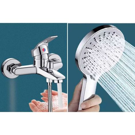 Mitigeur de baignoire, robinet de douche/baignoire avec flexible, douchette 3 jets, argent (1/3)