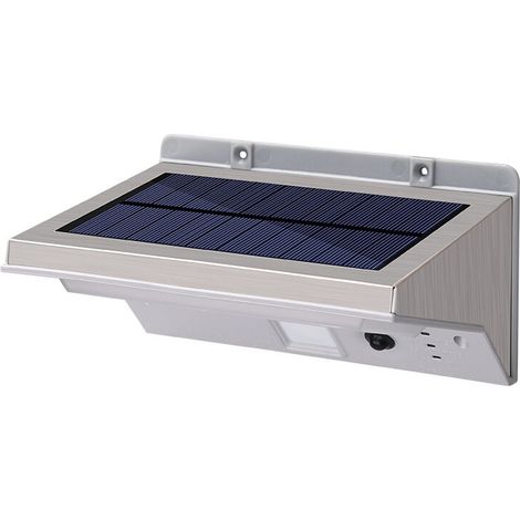 SABIR Projecteur solaire applique mural inox eclairage puissant LED blanc H16cm avec détecteur de mouvement 3 modes, (1/5)