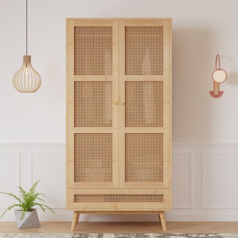 Kleiderschrank 90 x 45 x 183 cm, Garderobenschrank mit Kleiderstange und unterem Klappfach, 2 Türen mit Rattangeflecht im Boho-Stil, Natur (1/5)