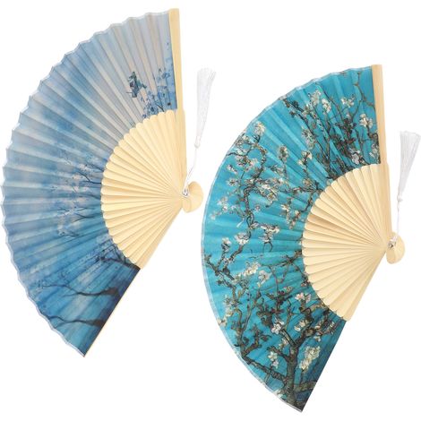 Éventail pliant manuel en bambou, lot de 2, motif fleur d'abricot peint à l'eau, décoration artisanale portable pour la maison (1/5)