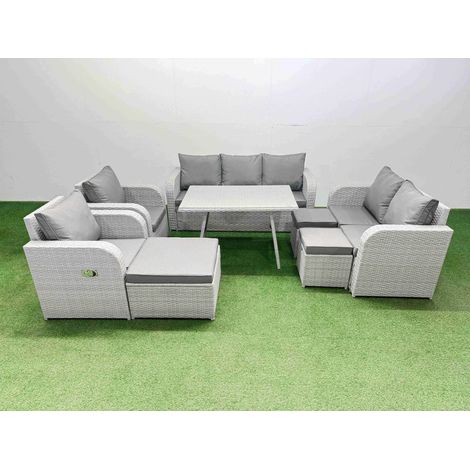 Fimous PE Rattan Garden Furniture Set Outdoor Rectangular Dining Table Sofa Set with Reclining Chair 3 Stool Light Grey (1/4)