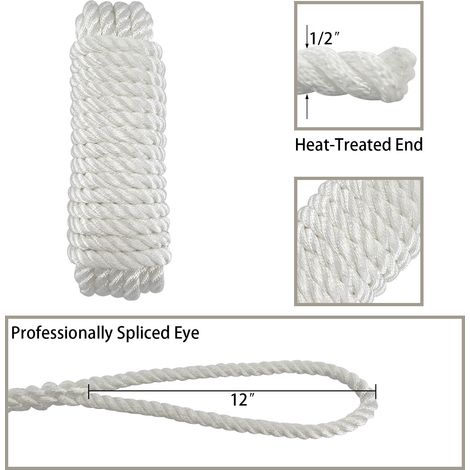 Blue-black double-braided nylon rope, white nylon three-strand rope, anchor rope, bollard rope, marine and yacht rope - white 1/225 - anchor rope (1/3)