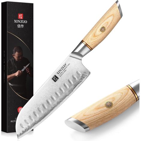 Stainless Steel 18.3cm Santoku Knife, 3 Layers 10Cr15CoMoV Steel Composite Kitchen Knives, Chef Knife Sharp Vegetable Knife - with Pakka Wood Handle (1/5)
